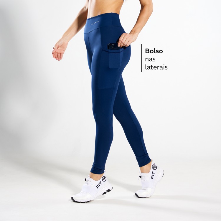 Calça Legging Poliamida com Bolsos nas Laterais Azul Marinho