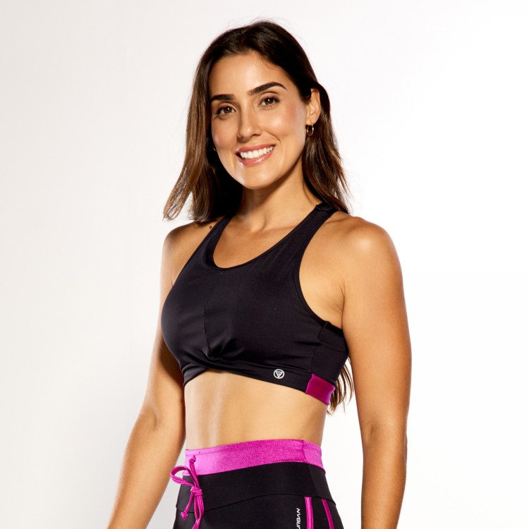 Top Fitness Poliamida Preto Nó com Faixa Violeta