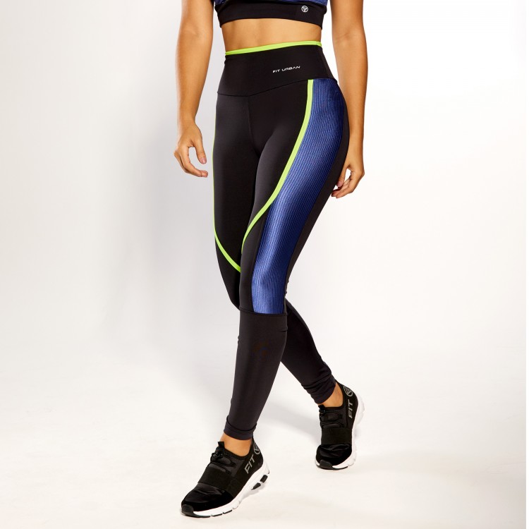 Calça Legging Preta Com Recortes em Eden Azul e Chapado Amarelo Neon