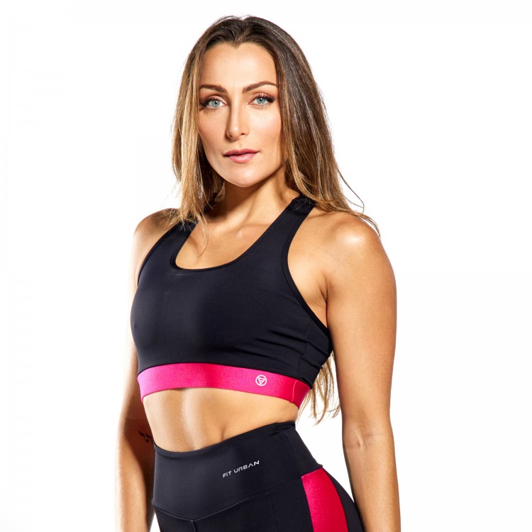 Top Fitness Poliamida com Tiras Geométricas Rosa Pink
