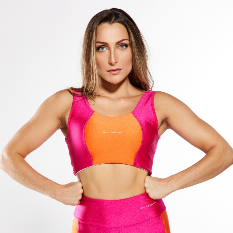 Top Fitness Trilobal com Recortes Laranja e Rosa Pink
