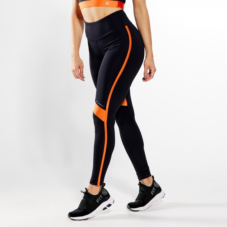 Calça Legging Poliamida com Chapado e Recortes Laranja