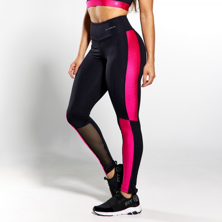 Calça Legging Poliamida com Tela e Recortes Rosa Pink