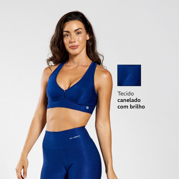 Top Fitness Micro Canelado Nadador Brilho Azul Marinho