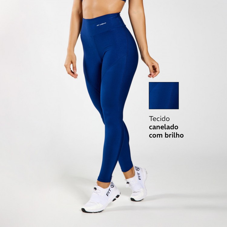 Legging Fitness Micro Canelada Brilho Com Recorte Azul Marinho