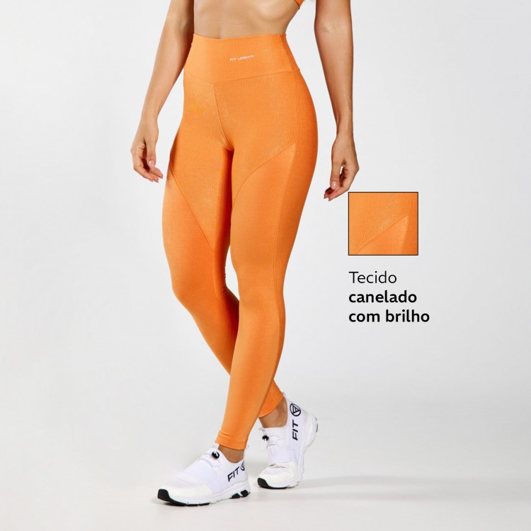 Legging Fitness Micro Canelada Com Recorte Brilho Laranja