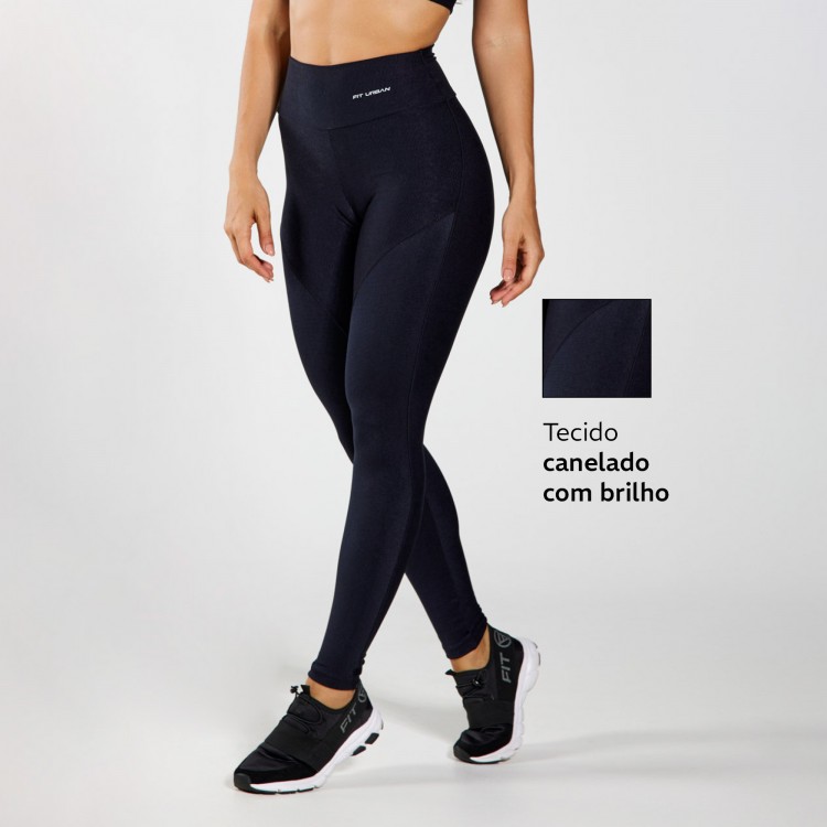Legging Fitness Micro Canelada Com Recorte Brilho Preto