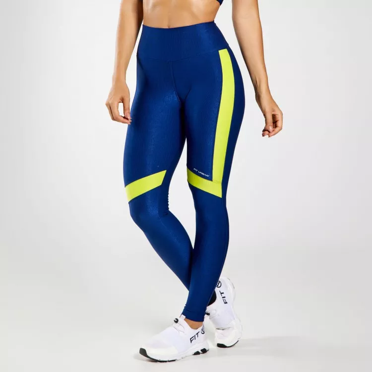 Legging Fitness Micro Canelada Reação Com Recortes em Faixa Azul Marinho