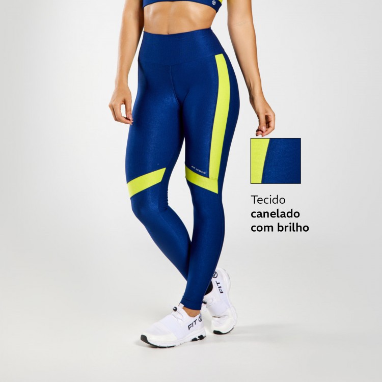 Legging Fitness Micro Canelada Reação Com Recortes em Faixa Azul Marinho