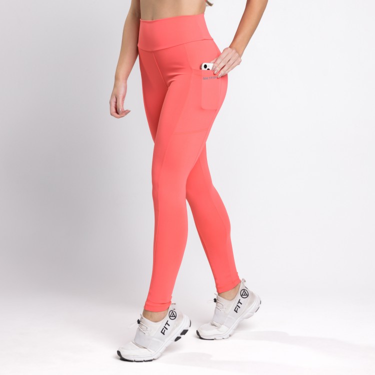 Calça Legging Poliamida Bolsos Laterais Coral