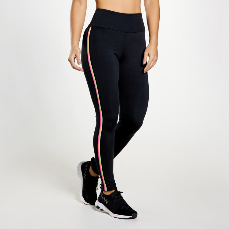 Calça Legging Poliamida Preta com Elástico Neon na Lateral