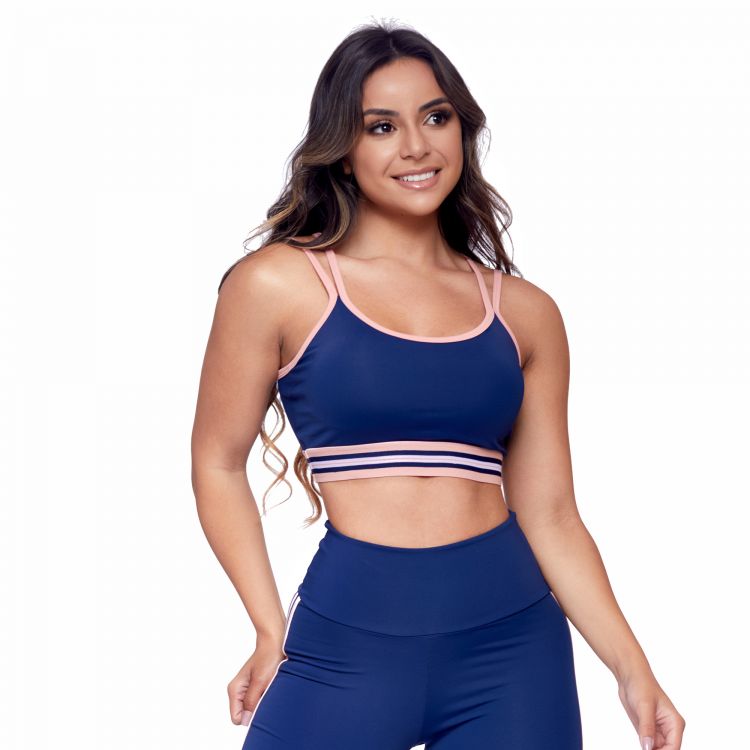 Top Fitness Poliamida Azul Marinho com Elástico Rosa