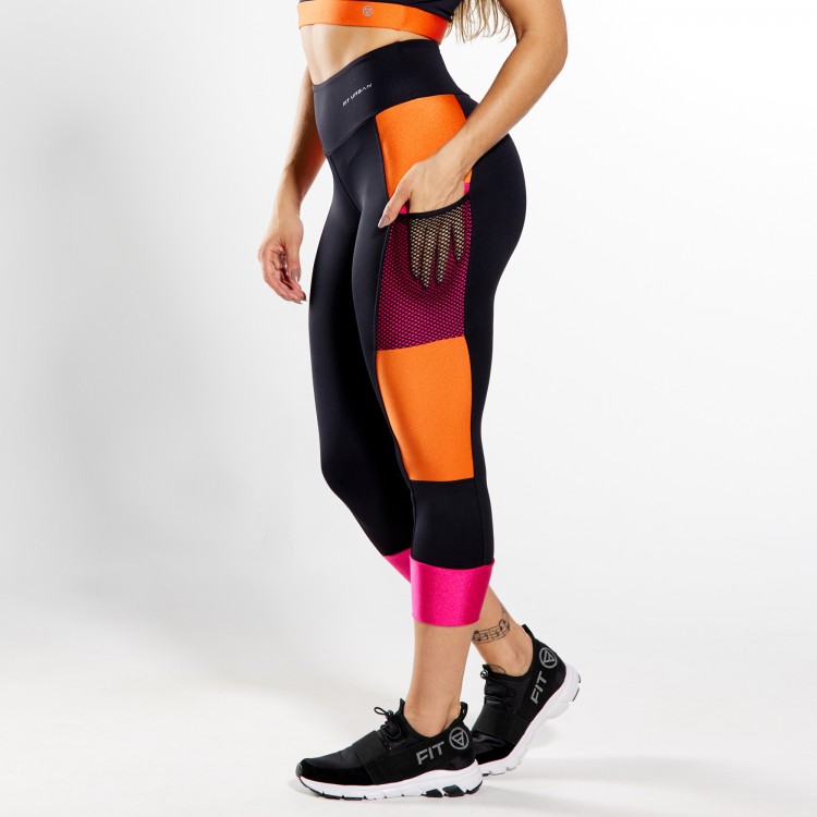 Calça Legging Poliamida com Bolsos em Tela Preta