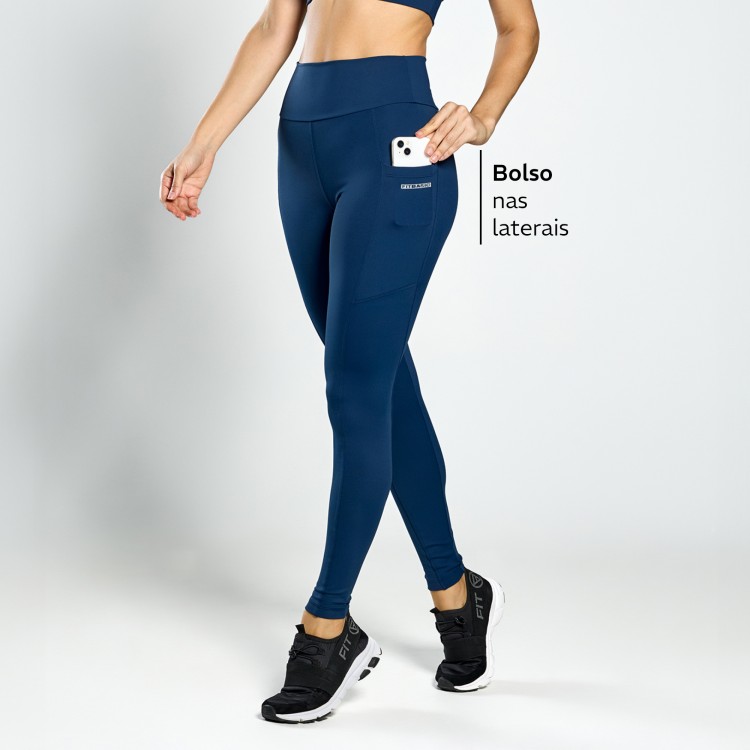 Calça Legging Poliamida Bolsos Laterais Marinho
