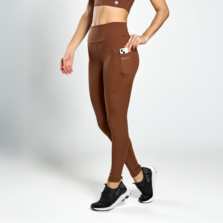 Calça Legging Poliamida Bolsos Laterais Café