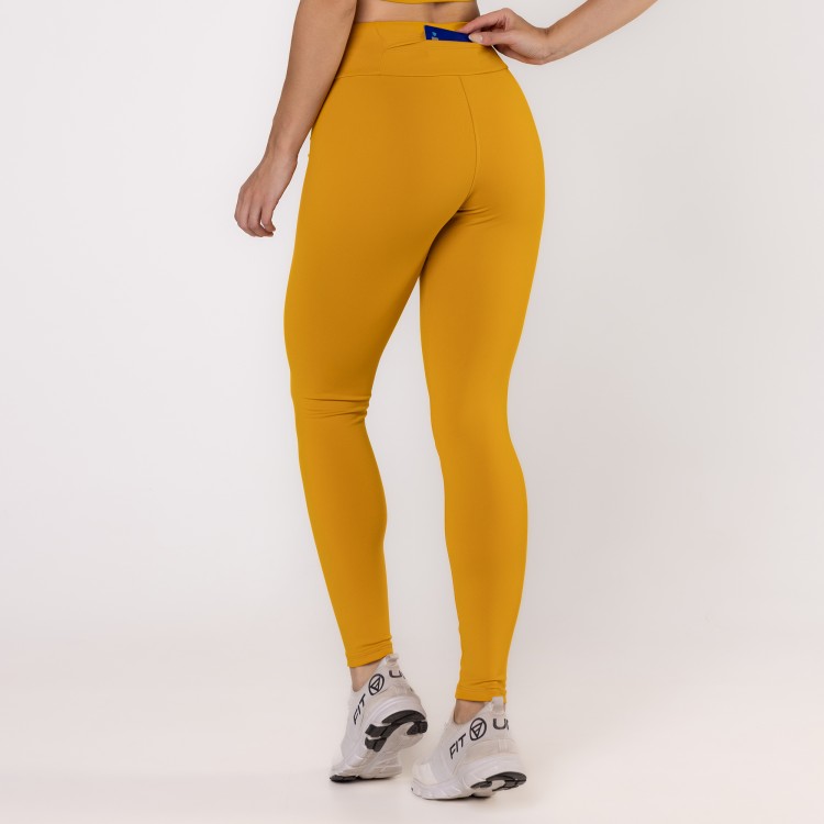 Calça Legging Poliamida com Bolso Invisível no Cós Mostarda