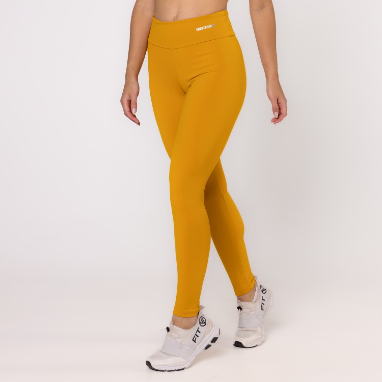 Calça Legging Poliamida com Bolso Invisível no Cós Mostarda
