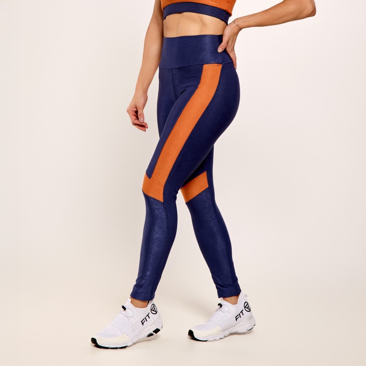 Calça Legging Micro Canelada Marinho Com Recortes em Faixa Âmbar